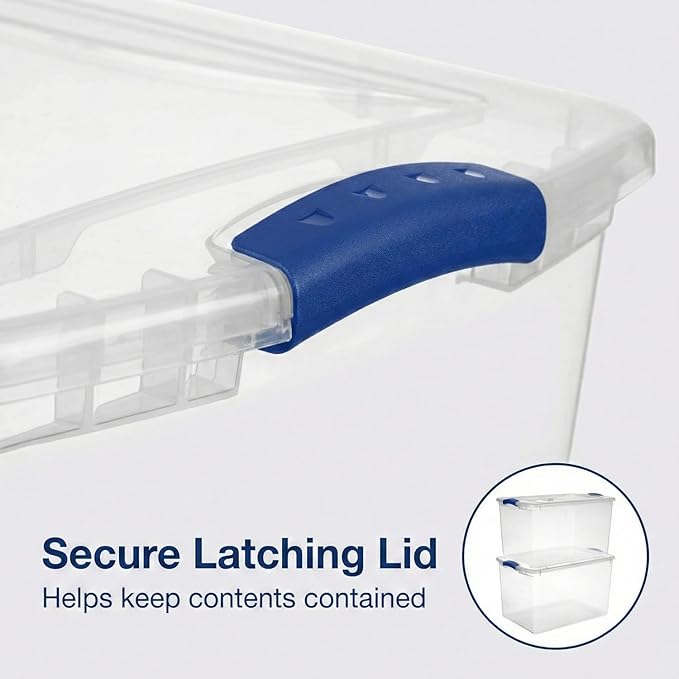 66 Qt Storage Bins with Lids, 2 Pack Large Clear Plastic Storage Containers with Secure Blue Latches, Stackable Clear Totes for Sports Equipment