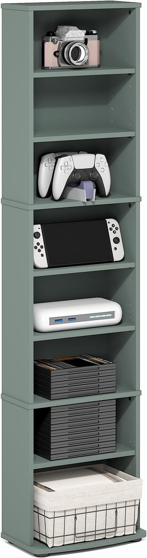 Furinno Jaya DVD Shelf, 8-Tier Tall Narrow CD Rack, Media Shelf with Adjustable Shelves, DVD Storage Cabinets for CD Blueray Game Disc, Easy Assembly, for Living Room, Home Office, Sage Green