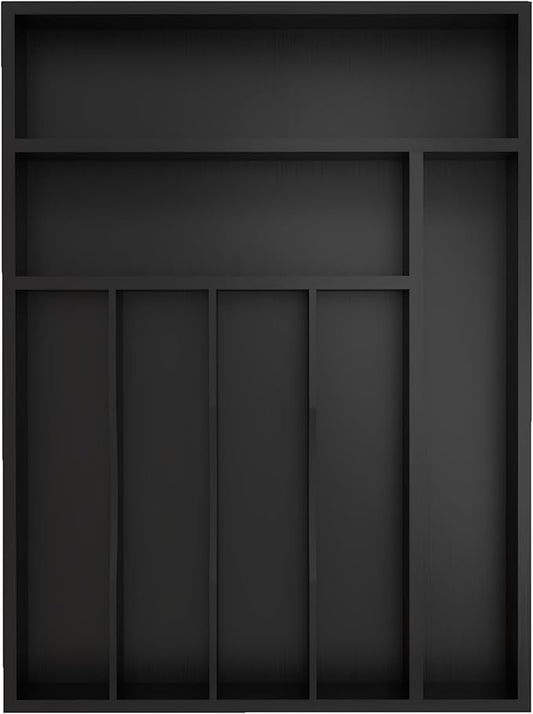 Bamboo Silverware Organizer, Kitchen Drawer Organizer, Utensil Holder, Cutlery Tray & Spoon Flatware Storage with Grooved Drawer Dividers (Black, 12.5''W x 16.5''D)