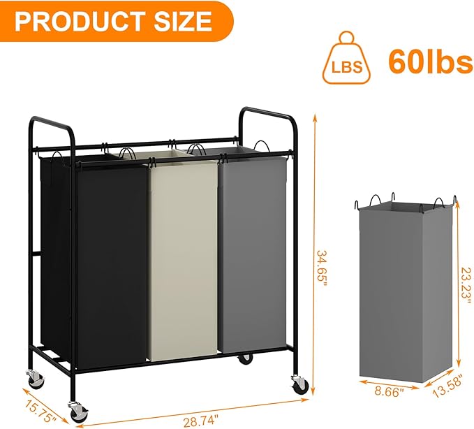 3 Section Laundry Hamper, 120L Large Rolling Laundry Sorter Cart, Laundry Basket with Lockable Wheels & Removable Bags, Laundry Room Organization for Dirty Clothes Storage