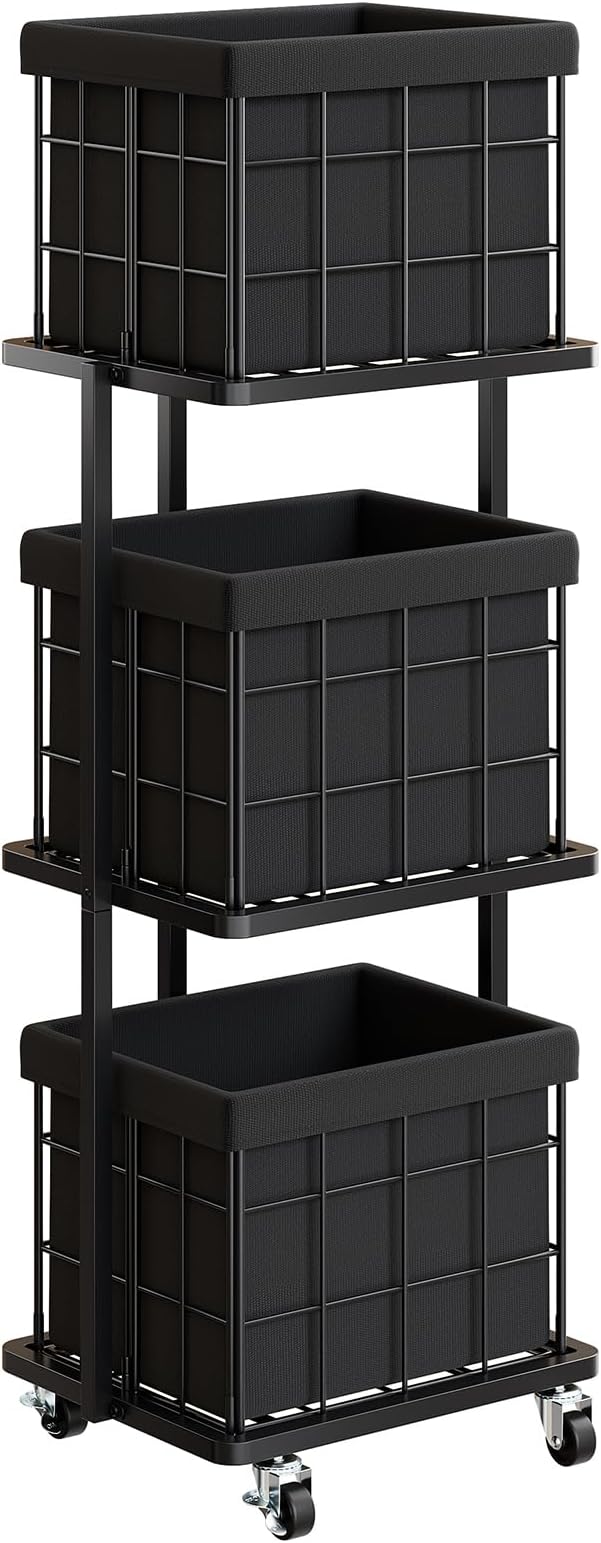 120L Vertical Rolling Laundry Hamper with Removable Bags, 3 Section Laundry Basket with Wheels, Slim Tall 3 Tier Laundry Sorter for Small Spaces, Dorm, Laundry Room, Bathroom, Closet, Black
