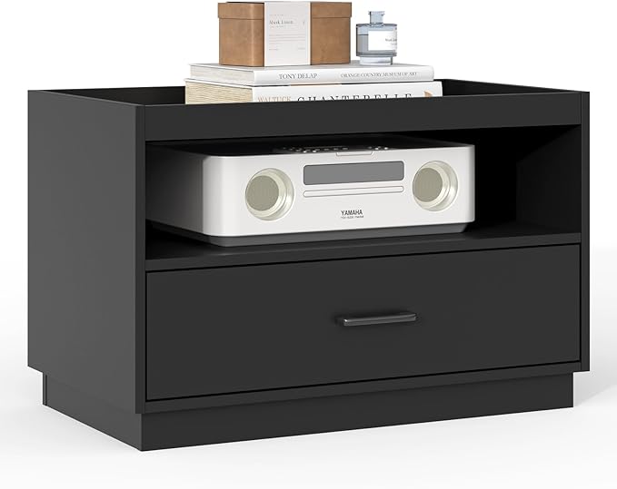 Stackable Storage Drawers,28" Wide Storage Bins w/Drawers and Compartment, Wood Stackable Organizer Modern Large Stackable Storages Units for Living Room Hallway (Black)