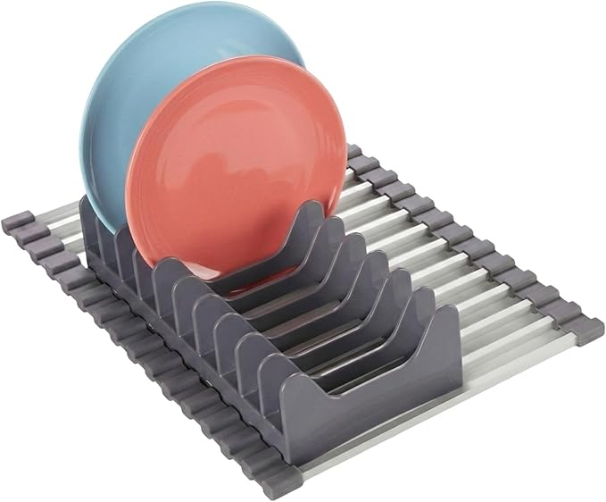 Small Roll Up Dish Drying Rack (9" x 13") - Fits Sink Openings up to 8.5", Narrow Sink Only, Square Bar, Rust-Proof, with Dish Holder (Purple Gray)