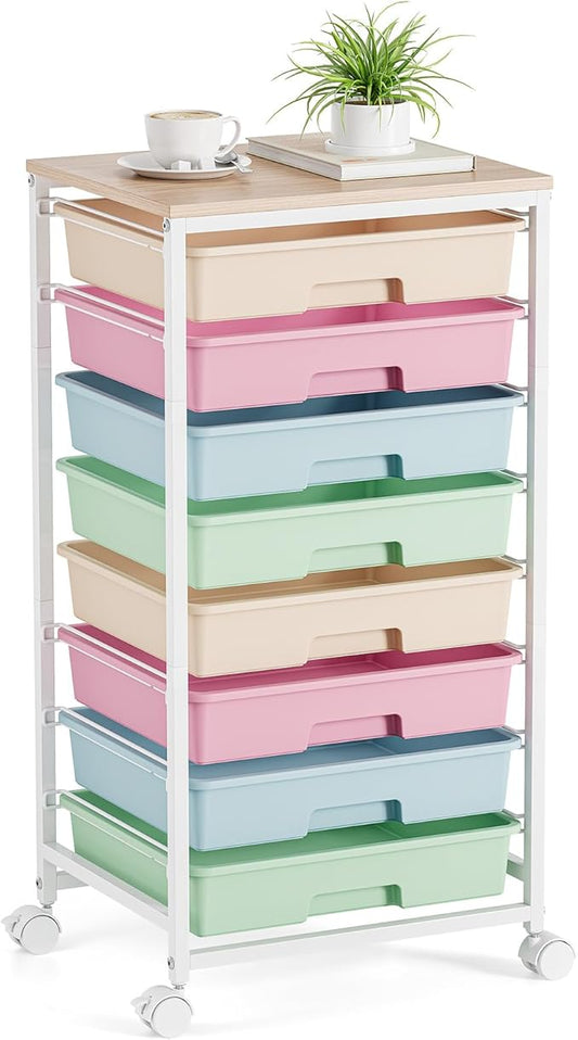 Rolling Storage Cart, Rainbow Cart with 8 Drawers and Wooden Tabletop, Teacher Organization for Classroom, Art Cart for Classroom,Office,Bedroom,Rainbow