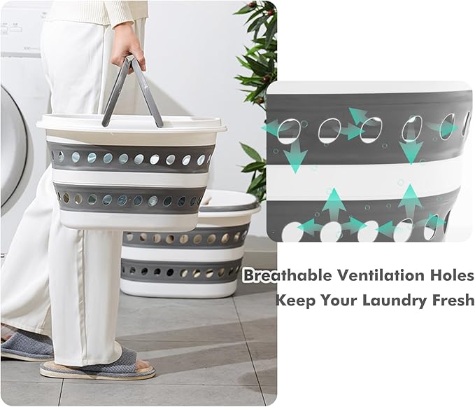 Collapsible Laundry Baskets with Handles 7.4 Gallon Heavy Duty Laundry Basket Rectangle Pop Up Silicone Laundry Bucket Small Portable Storage Organizer Collapse Basket Small Room Organization