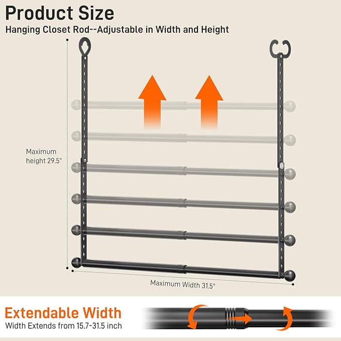 SUTINE Closet Rods for Hanging Clothes, Adjustable Closet Extender Hanging Rod, Space-Saving Closet Rod Extender Clothes Hanging Bar, Closet Poles for Hanging Clothes Organizer (Black, 15.7-31.5 IN)