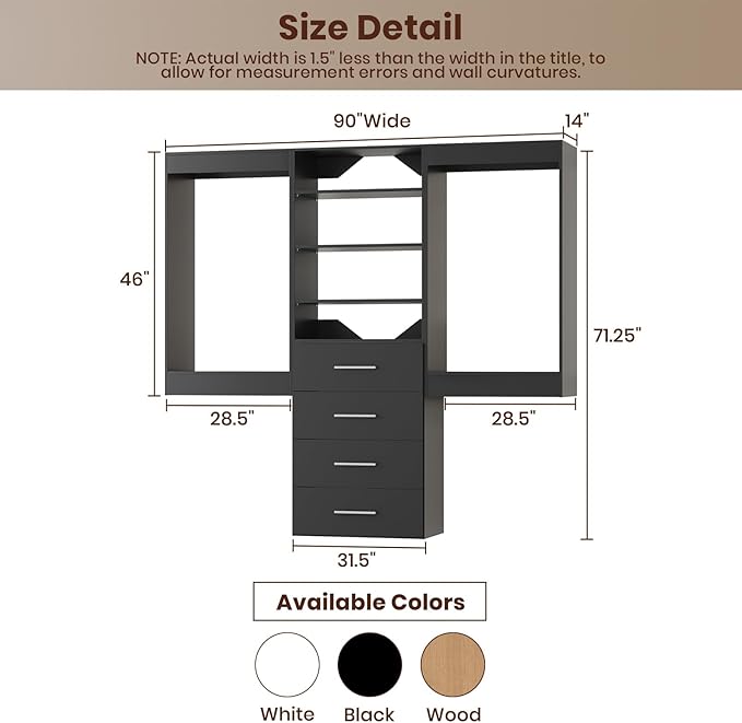 ROOMTEC Modular Closet System, 84" Wall-Mounted Closet Organizer with Drawers and Hanging Rods, Wooden Tower for Walk-In Closets, Wardrobe Storage Kit, Black