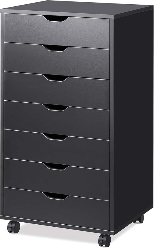 DEVAISE 7-Drawer Office Cabinets, Wood Storage Drawer File Cabinet with Wheels, Black