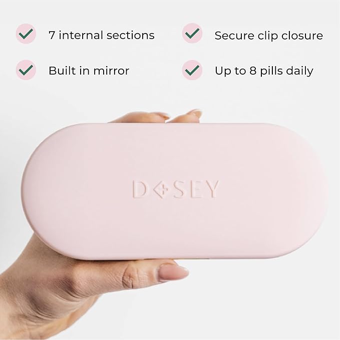 Dosey 7 Day Pill Compact Travel Pill Organizer - Pill Case with 7 Pill Compartments for Medicine Storage & Protection – Stylish & Elegant Medication Organizer with Mirror, Blush