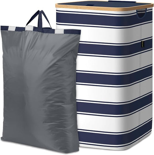 BALEINE Laundry Hamper with Lid, Tall Laundry Baskets with Bamboo Pull Handles, Large Laundry Bin with Internal Support (26 Gal/100L, Blue Stripe)