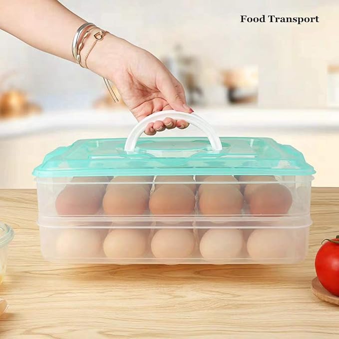 Deviled Egg Tray with Lid, 2-Layer, Food Storage Container with Handle, Egg Holder for Refrigerator, large, 40 eggs (Green)