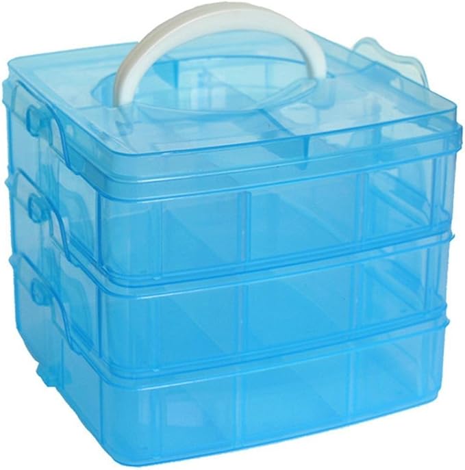 Kamay's 3-Tier Transparent Stackable Adjustable Compartment Slot Plastic Craft Storage Box Organizer Snap-Lock Tray Container 3 Sizes 4 Candy Colors Available(Medium 18 Compartment, Blue)