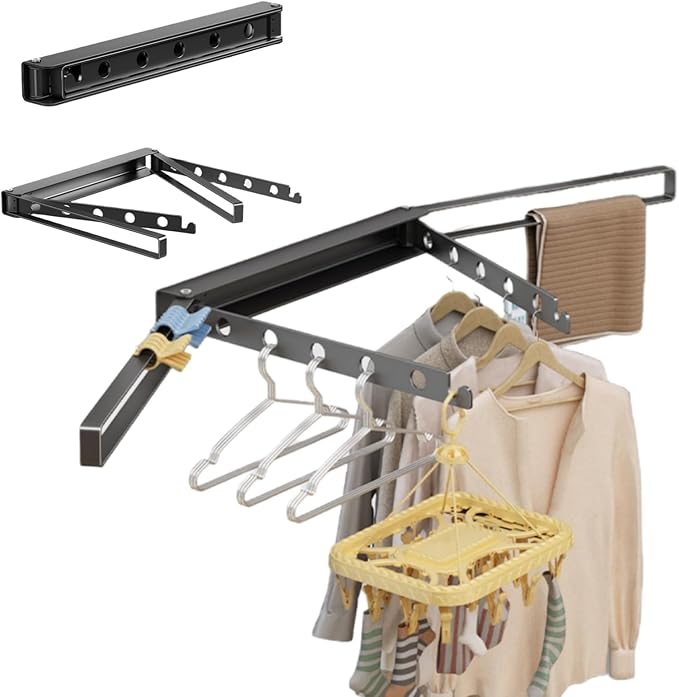 Wall Mounted Drying Rack Aluminium Free Swinging Folding Drying Rack Towel Rack (4 Arms) Space Saving Laundry Drying Rack for Laundry Bathroom Balcony Apartment Dormitory Caravan (Grey)
