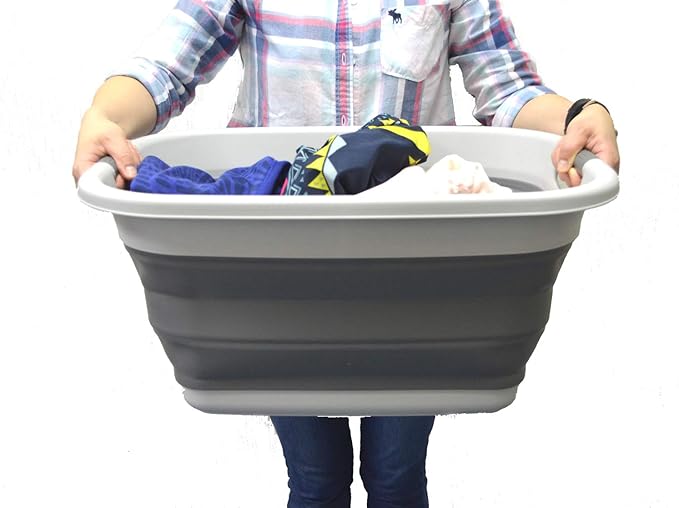 SAMMART Set of 2-31L (8.1 Gallon) Collapsible Plastic Laundry Basket-Pop Up Storage Container-Portable Washing Tub-Space Saving Hamper/Basket, Water Capacity: 23L (6 Gallon) (2, Light Grey)