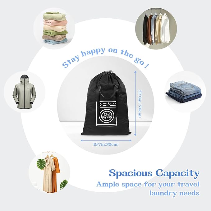 Heavy Duty Laundry Bag, Machine Washable Nylon, Splash-Resistant Dirty Clothes Storage Bag with Drawstring & Handles丨Lightweight, Foldable & Space-Saving for College Dorm, Camping, Trips, Cruise, 50L