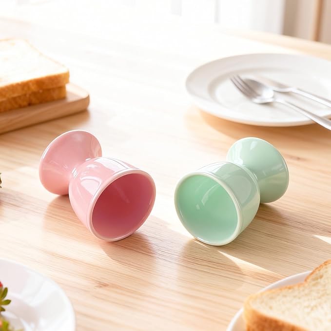 Cinf Ceramic Egg Cup Set of 2 Porcelain Holder Breakfast Boiled Cooking Easy to Clean Childhood Memories Kitchen(Macaron)