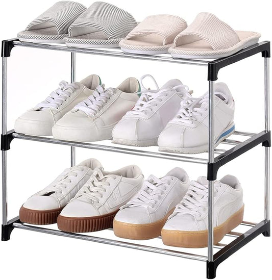 Jucaifu Stackable Small Shoe Rack, Entryway, Hallway and Closet Space Saving Storage and Organization (3-Tier, Black)