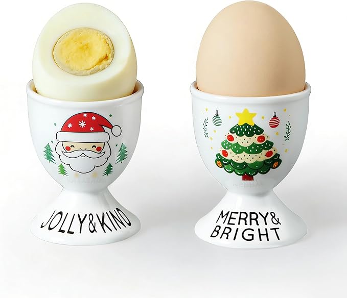 Cinf Ceramic Egg Cup Set of 2 Porcelain Holder Breakfast Boiled Cooking Easy to Clean Childhood Memories Kitchen(Christmas)