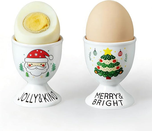 Cinf Ceramic Egg Cup Set of 2 Porcelain Holder Breakfast Boiled Cooking Easy to Clean Childhood Memories Kitchen(Christmas)