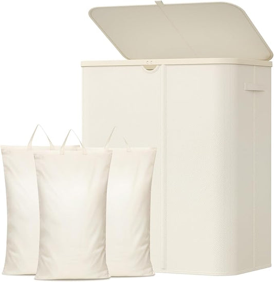 Lifewit 185L Large 3 Section Laundry Hamper with Lid, Plastic Laundry Basket with Bamboo Handles and Removable Bags, Tall Foldable Clothes Hamper for Bathroom Bedroom, White