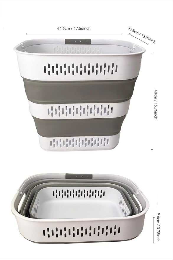 SAMMART 38L(10 Gal) Collapsible Laundry Basket - Foldable Pop-Up Storage Container/Organizer-Portable Space Saving Hamper, Measure 17.5x13.3x15.7"/3.8" Expanded/Collapsed (2, White/Grey)