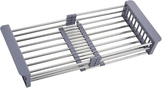 Over The Sink Dish Drying Rack, Stainless Steel Expandable Telescopic Drain Basket with Adjustable Arms - Functional Kitchen Sink Organizer for Dishes, Vegetables & Fruits (Large, Grey)