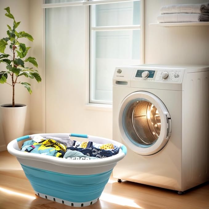 SAMMART 36L (9.5 gallon) Collapsible 3 Handled Plastic Laundry Basket-Foldable Pop Up Storage Container/Organizer-Space Saving Basket (3 handled Oval, Grey/Bright Blue)