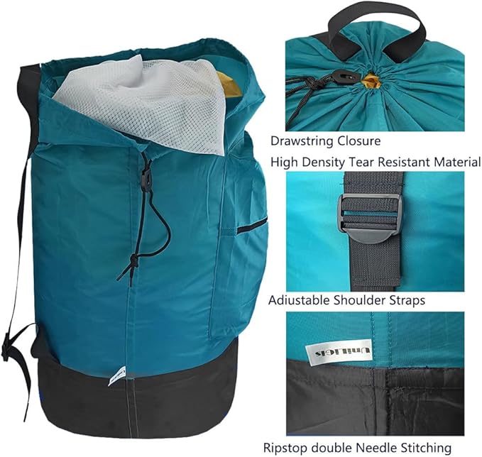 Washable Laundry Bag Backpack with Zipper Pocket, Heavy Duty Clothes Bag, 2 Strong Adjustable Shoulder Straps with Drawstring Closure for Travel, Camping or College, Blue Aqua