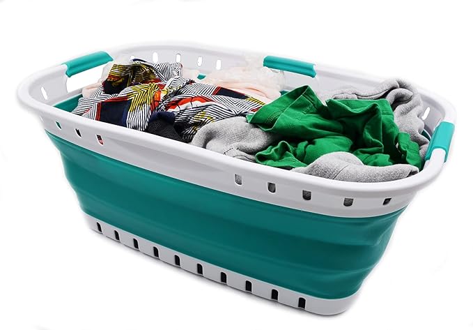 SAMMART 44L Collapsible Plastic Laundry Basket - Foldable Pop Up Storage Container/Organizer - Portable Hamper - (1, White/Bluish-Green), Size : 25.4 x 17.3 x 10.2 inches