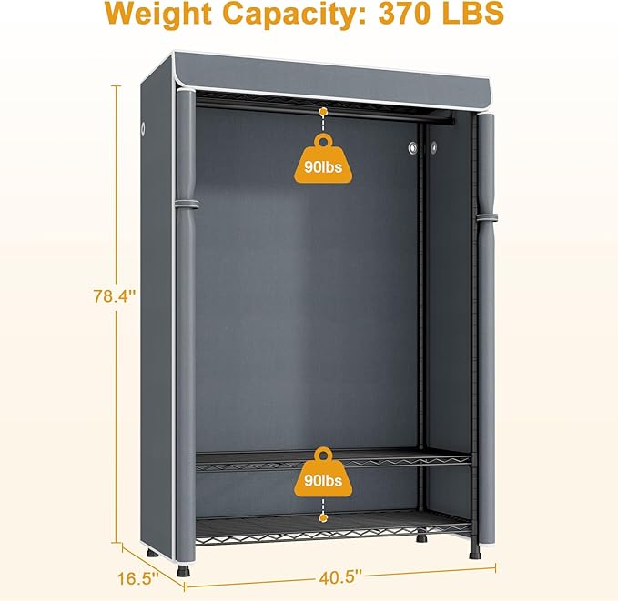 ULIFHOME H5C Plus Clothes Rack with Cover, Portable Closet for Hanging Clothes, Covered Clothing Racks Heavy Duty, 3-Tiers Garment Rack with Shelves Max Load 370LBS Black Closet Rack with Gray Cover