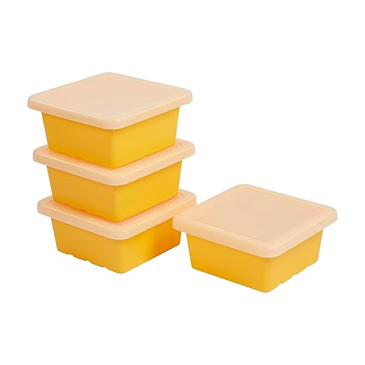 ECR4Kids Stackable Square Bins with Non-Snap Lids, Multipurpose Organization, Yellow, 4-Pack