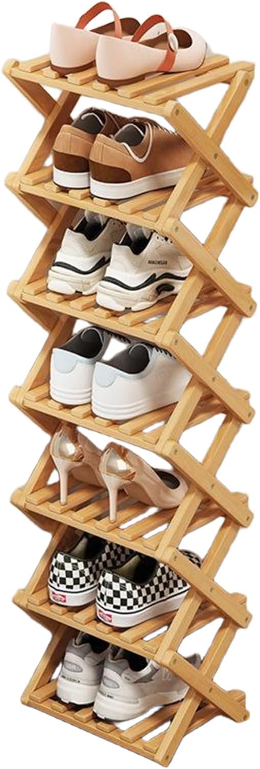 7 Tier Natural Bamboo Shoe Rack,Foldable Space Saving Shoe Storage Organizer,Easy Assembly & Strong Design Shoes Stand Shelf Organiser for Closet (Primary Color, Seven Layers)