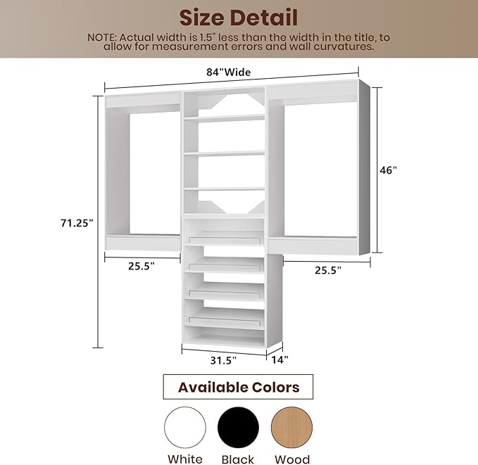 ROOMTEC Modular Closet System, 84" Wall Mounted Closet Organizer with Hanging Rods and Shoe Shelf, Wooden Tower for Walk-In Closets, Wardrobe Storage Kit, White