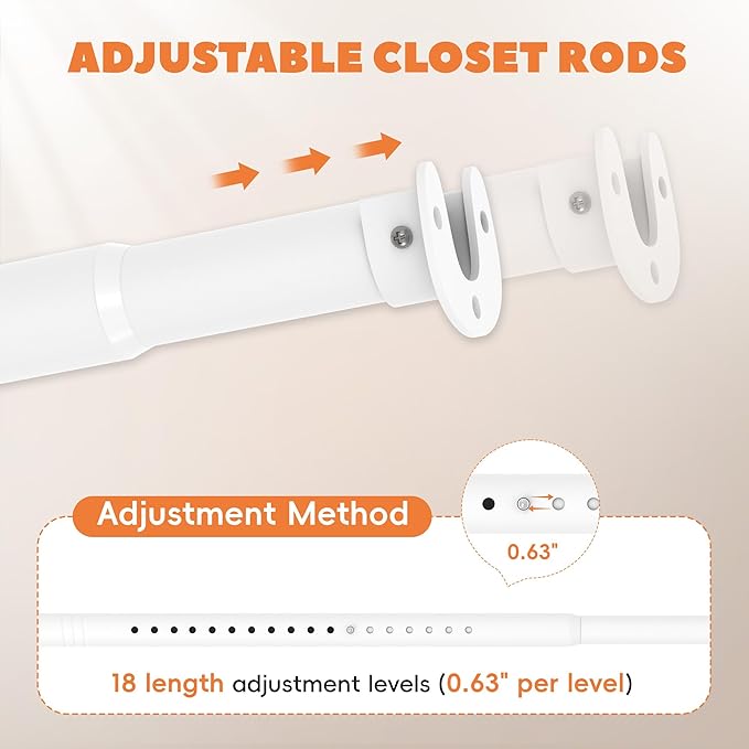 Closet Rod 30-63 Inches, Adjustable Heavy Duty Metal White Closet Rods for Hanging Clothes 1.3 Inches Diameter for Wardrobes Laundry