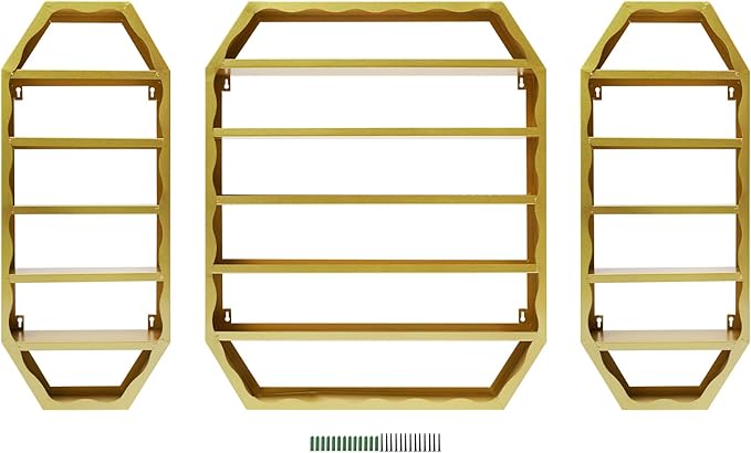 Wall-Mounted Nail Polish Storage Racks, 3PCS Multi-Tiers Metal Cosmetic Display Rack Lipstick Perfume Display Rack with 1 Middle Rack & 2 Side Racks for Spa Nail Salon Shop (Gold)