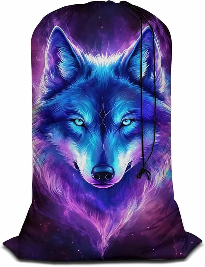 Swono Galaxy Wolf Drawstring Closure Dirty Clothes Bag Organizer, Heavy Duty Large Laundry Bag, Starry Sky Stars Constellation Outer Space Bags for Camp Travel, Machine Washable, Magical Purple