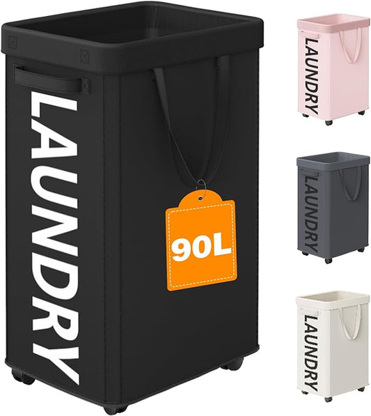 Optish Laundry Basket with Wheels, 90L Rolling Laundry Hamper with Wheels, Large Clothes Hamper on Wheel with Removable Mesh Bag for Bedroom, Dorm Room Essentials, Black