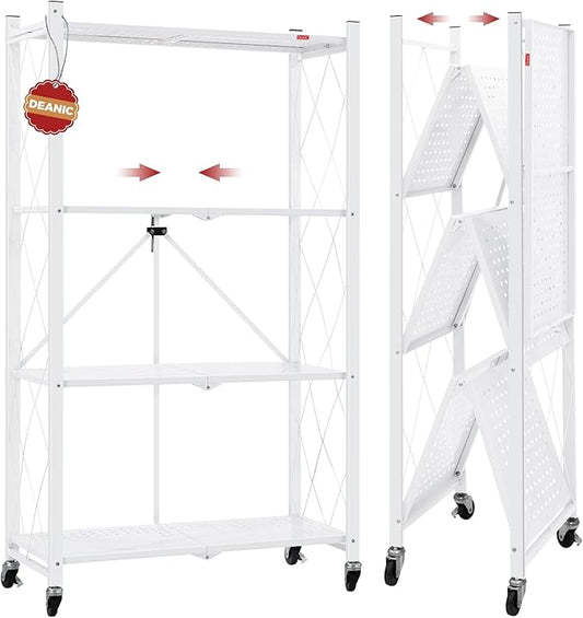 DEANIC 4 Tier Foldable Storage Shelves with Wheels, Large Capacity Shelving Unit, Freestanding Metal Wire Shelf Rack, No Assembly Organizer Rack for Garage Kitchen, Basement, Pantry(White)