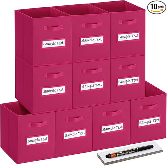 artsdi 13x13 storage cube bins (Set of 10) Foldable Fabric storage cubes with 10 Labels Window Cards & a Pen,13 inch cube storage bins,Closet Organizers for Shelves,Cubby Organizer Boxes,Dark pink