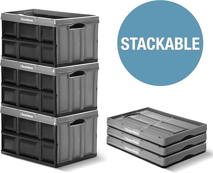 CleverMade Collapsible Storage Bins 62L (3-Pack) – Heavy Duty Collapsible Plastic Storage Bins, Large Stackable Folding Storage Bins for Garage, Car, Grocery & Home Organization - Obsidian
