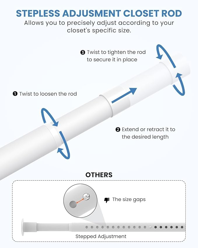 Supforce 3 PACK Closet Rods for Hanging Clothes, 17 to 39 Inches Stepless Adjustable Metal Closet Rod, 1.3 Inches Heavy Duty Clothes Hanging Rod for Closet Wardrobes Laundry RV, White