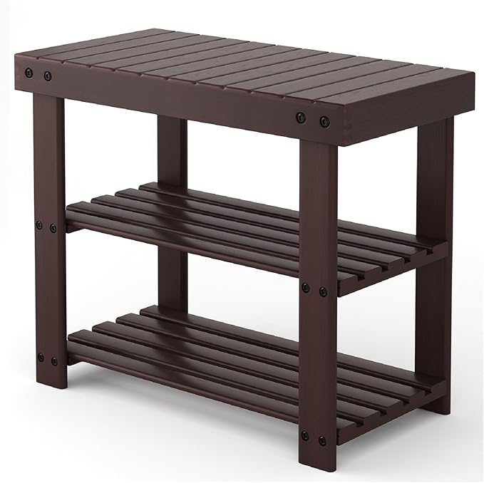 Sweetcrispy Shoe Rack Bench, 3-Tier Bamboo Entryway Storage Organizer, 286lb Capacity, Shoes Stand for FrontDoor Entrance, Bedroom, Living Room, Bathroom, Balcony, 19 Inches Length, Brown