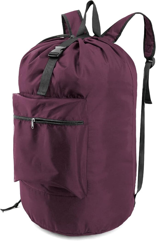 BeeGreen Laundry-Bag-Backpack-Heavy-Duty, Burgundy Nylon Drawstring Portable Laundry Backpack Foldable Extra Large Dirty Clothes Travel Bag College Dorm Apartment Essentials