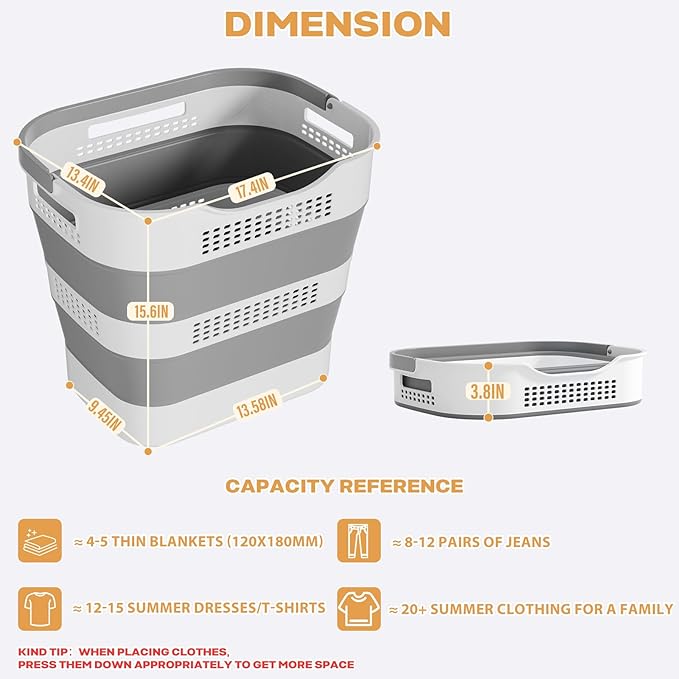 OOAMBB 43L+43L Collapsible Laundry Baskets plastic, Pop Up Laundry hamper/Storage Container, Foldable Laundry Basket with Handles, Durable,Space Saver (Grey, 2 Packs)