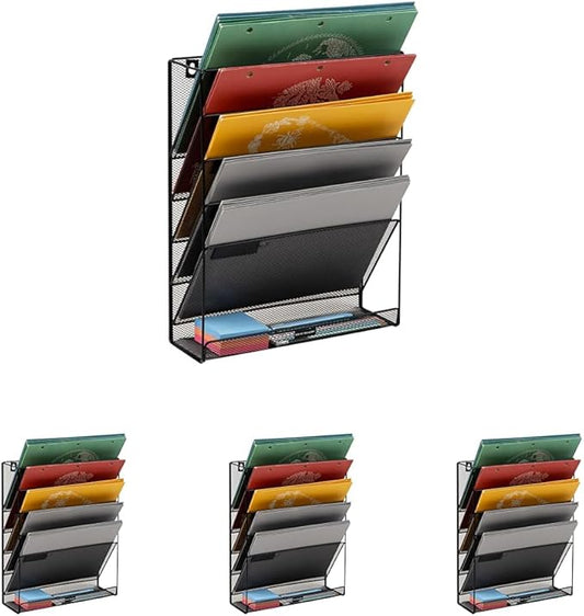 Mind Reader 5-Tier Vertical File Storage, Desktop Organizer, Wall Mount, Office, Metal Mesh, 12.75" L x 4" W x 16" H, Black (Pack of 4)