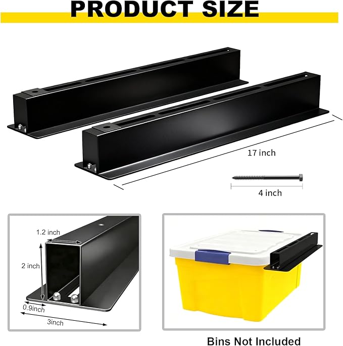 Yuleimy Overhead Garage Storage Rack 4-Pack - Heavy Duty Garage Ceiling Storage Racks for Tote Containers - 17" Adjustable Tote Rack 27 Gallon Storage System, Hanging Bin Ceiling Mount Rails