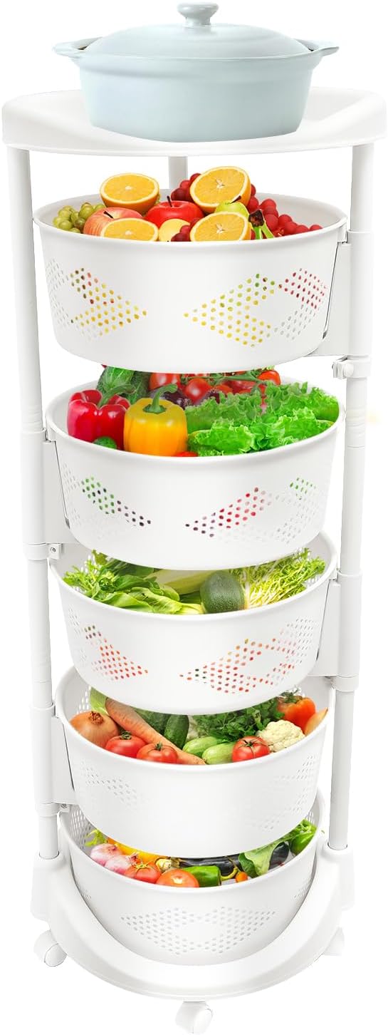 5 Tier Rotating Kitchen Storage Basket Rack Storage Shelf Cart Fruit Vegetable Organizer with Casters Rolling Multi-Layer Round Bin Storage Space Saver for Home Household Grocery