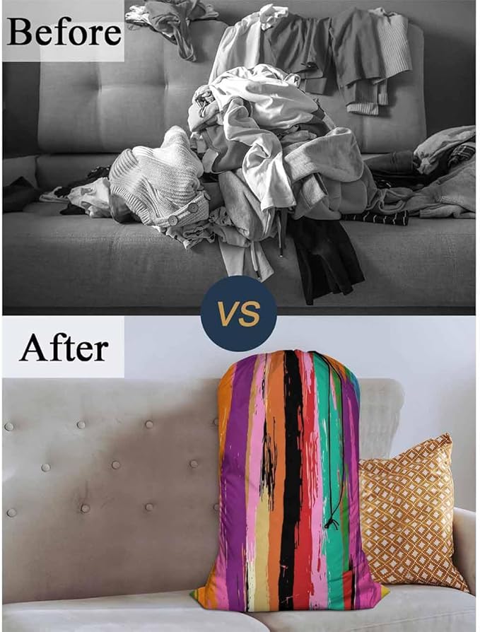 Swono Rainbow Colors Large Laundry Collapsible Laundry Bag Grunge Colorful Stripes Strokes Paint Splashes Foldable Laundry Hamper Bag