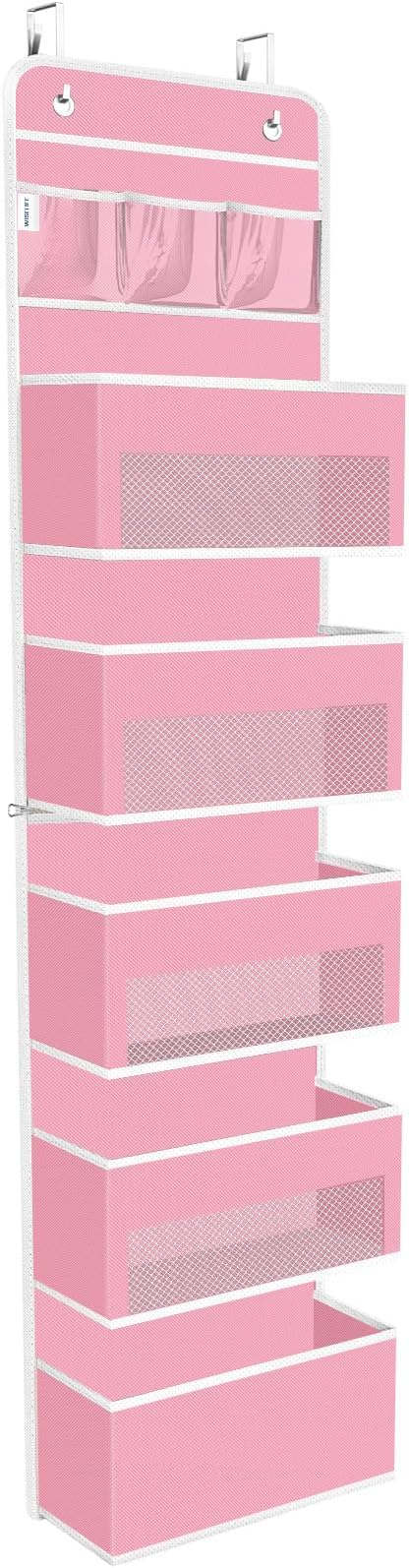 WISELIFE Over the Door Organizer - 6 Shelves Detachable Hanging Bedroom Storage Solution with 5 Large Pockets and 3 PVC Pockets for Dorm Bathroom, Pantry Nursery Baby Essentials (Pink)