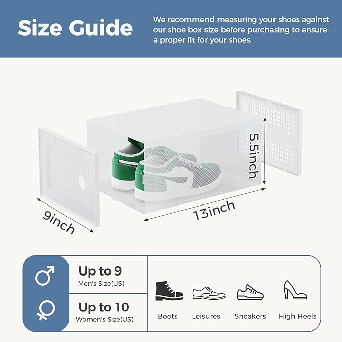 DUMOS Shoe Storage Boxes, 12-Pack Stackable Clear Shoe Containers with Lids, Display Sneaker Case Organizer for Closet, Under Bed, Entryway,White (Fit Size 9)